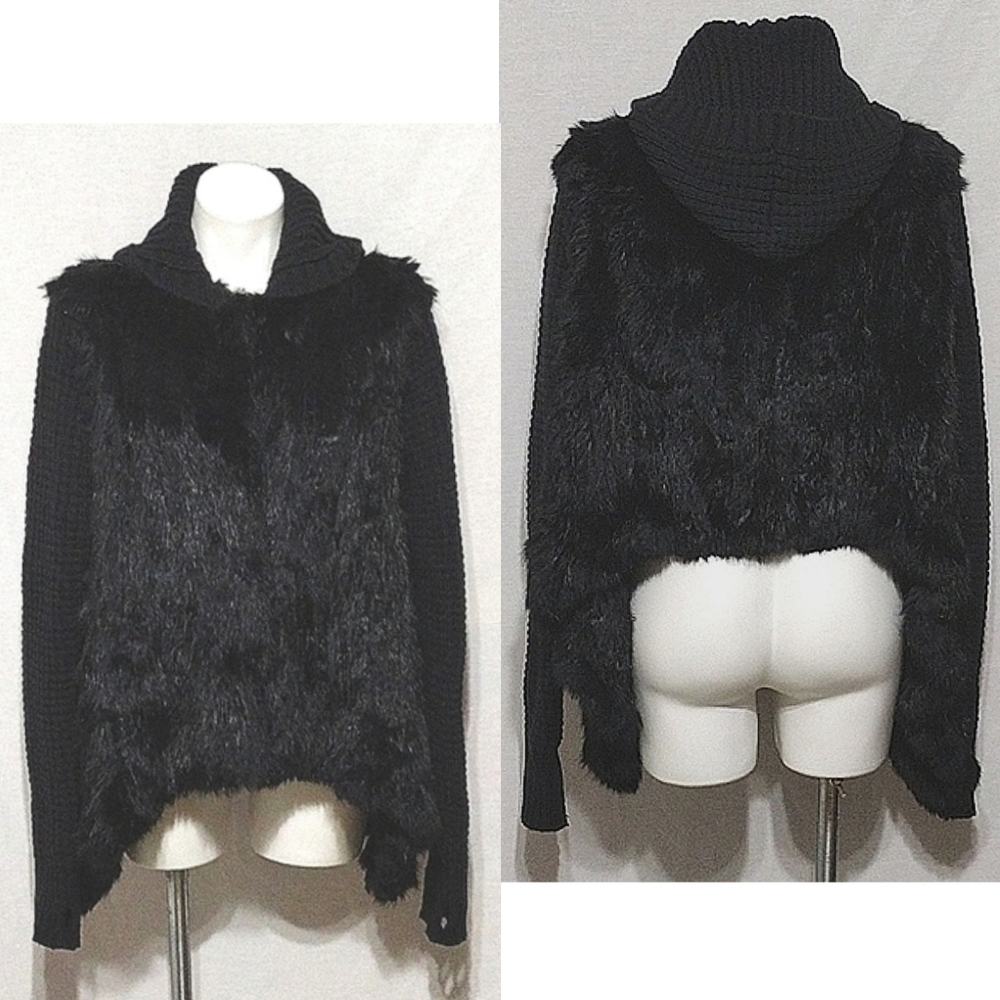 Le Rok Luxe Rabbit Fur Cardigan Sweater Jacket With Hoodie Medium